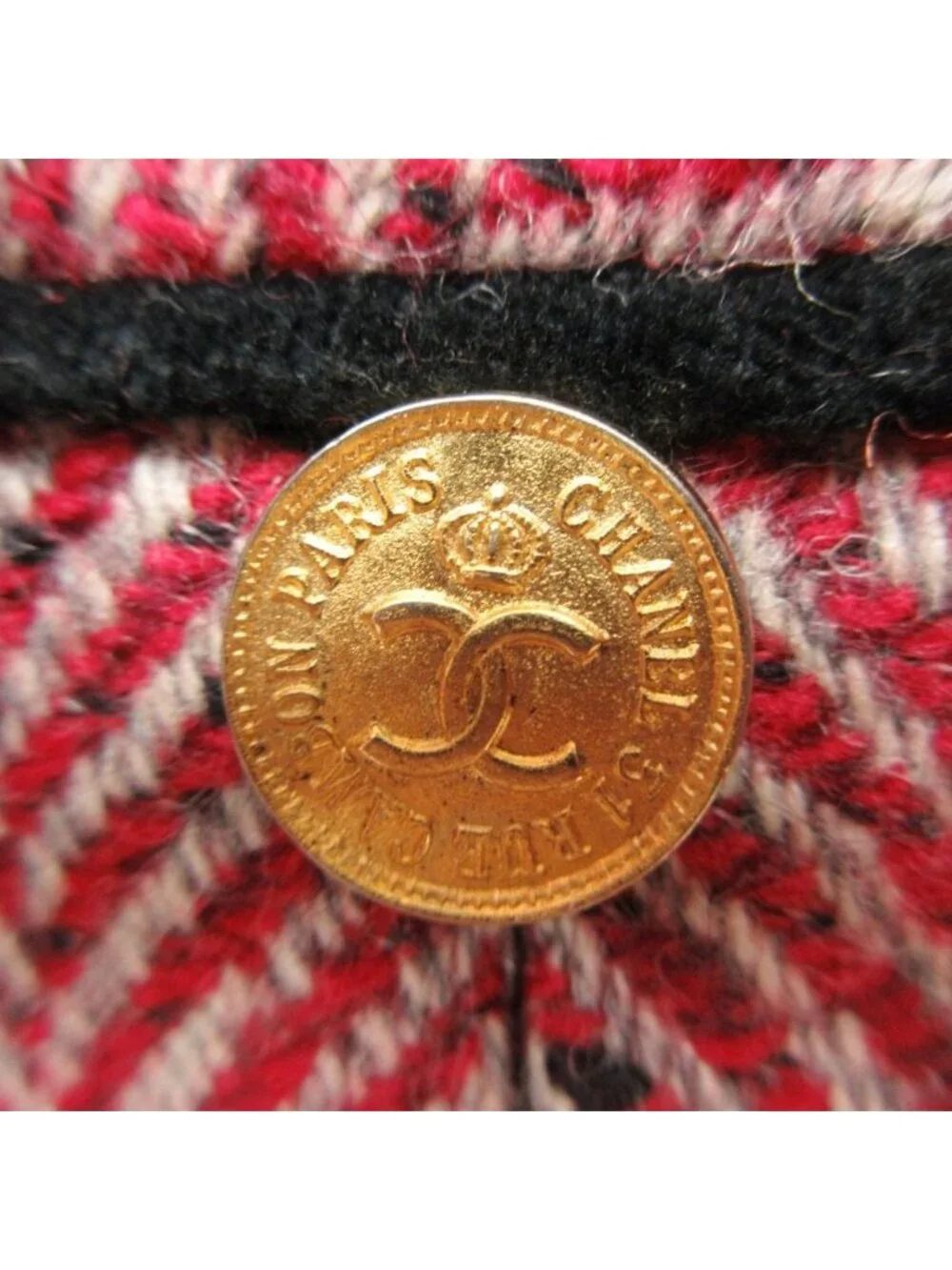 Chanel Collarless Jacket Tweed Trimming Herringbone Pattern CC Logo Gold Button